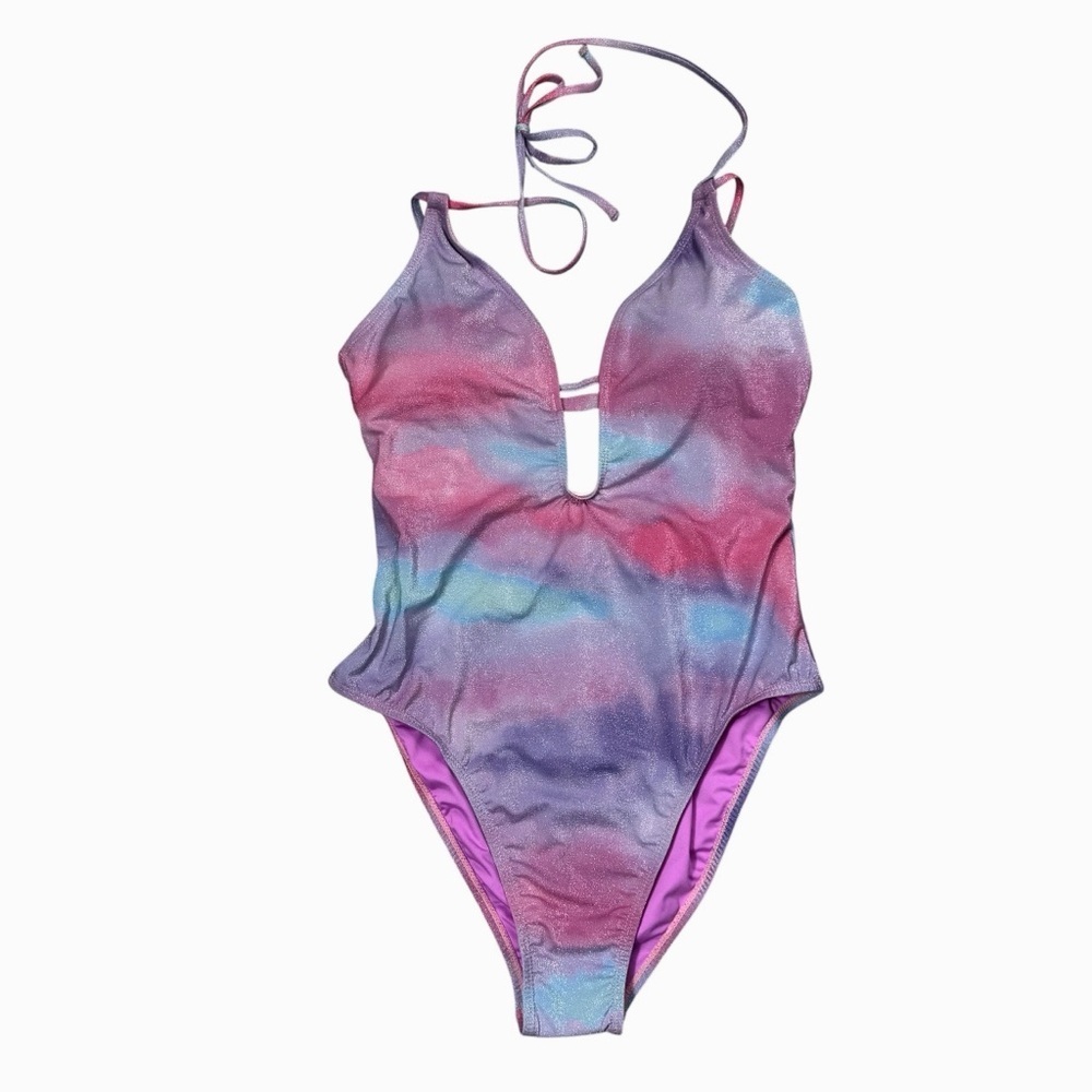 NWT New $ 114 BCBGeneration Glitter Tie Dye Double Strap Keyhole Swimsuit Size L - Picture 2 of 9